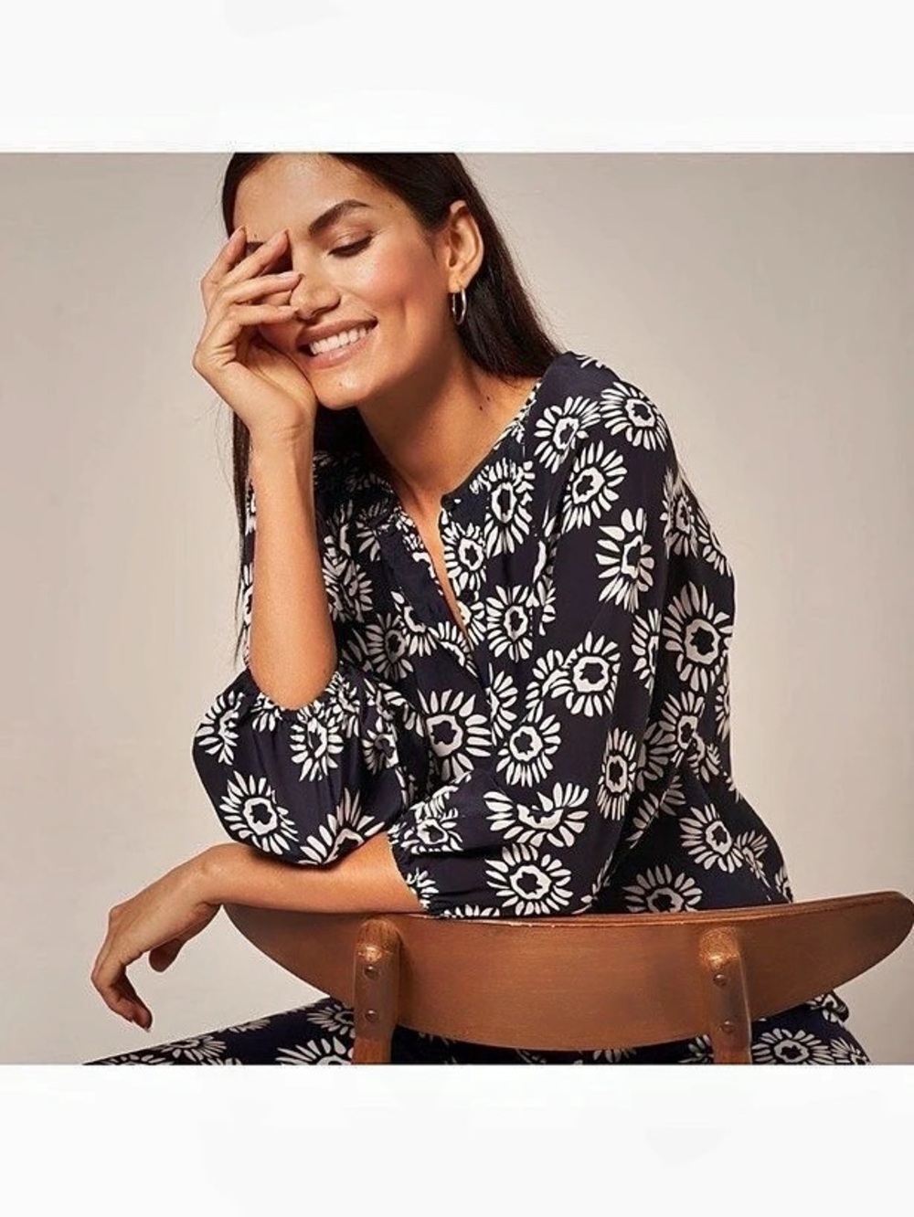 Tucker Floral Silk Blouse in Blue & White